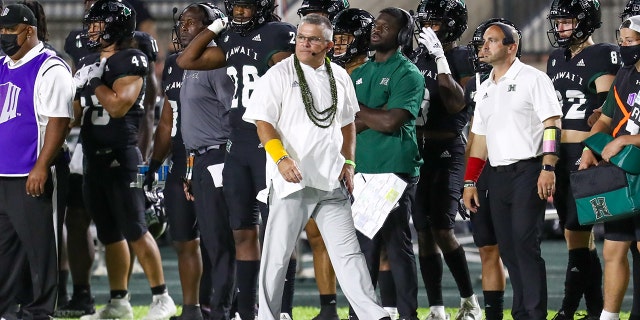Head coach Todd Graham of the Hawaii Rainbow Warriors walks the sideline during the second half of a game against the Fresno State Bulldogs at the Clarance T.C. Ching Complex Oct. 2, 2021, in Honolulu.