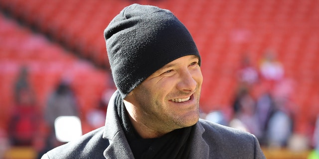 CBS broadcaster Tony Romo before the AFC Championship game between the Tennessee Titans and Kansas City Chiefs Jan. 19, 2020 at Arrowhead Stadium in Kansas City, Mo.