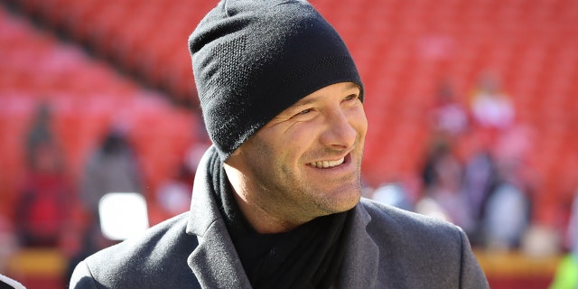 CBS broadcaster Tony Romo before the AFC Championship game between the Tennessee Titans and Kansas City Chiefs Jan. 19, 2020 at Arrowhead Stadium in Kansas City, Mo.