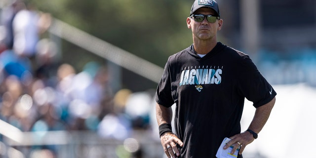 Jacksonville Jaguars general manager Trent Baalke watches during training camp at TIAA Bank Field on July 29, 2021, in Jacksonville, Fla.