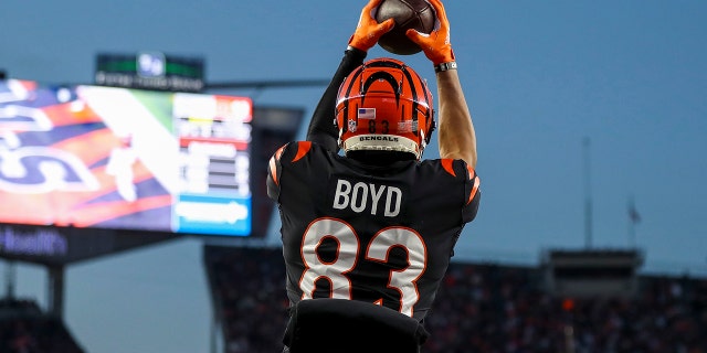 ene 15, 2022; Cincinnati, Ohio, Estados Unidos; Cincinnati Bengals wide receiver Tyler Boyd (83) catches a pass in the end zone against the Las Vegas Raiders in the first half in an AFC Wild Card playoff football game at Paul Brown Stadium.