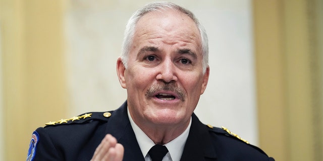 U.S. Capitol Police Chief Tom Manger testifies on Jan. 5, 2022, during a Senate Rules and Administration Committee oversight hearing on the Jan. 6, 2021, attack on the Capitol.