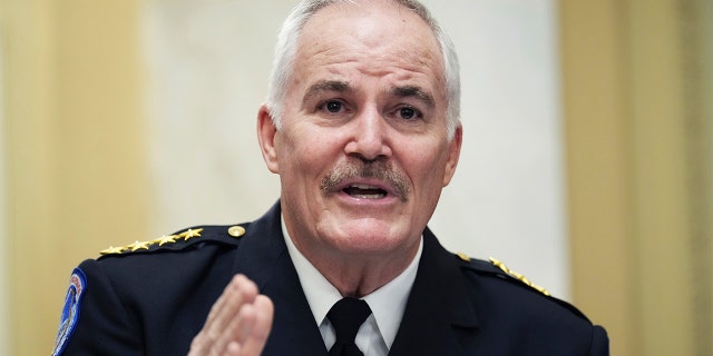 U.S. Capitol Police Chief Tom Manger testifies on Jan. 5, 2022, during a Senate Rules and Administration Committee oversight hearing on the Jan. 6, 2021, attack on the Capitol.