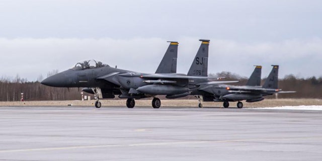 Six U.S. F-15E Strike Eagle fighters arrived at Ämari Air Base in Estonia, Wednesday, Jan. 26, 2022.