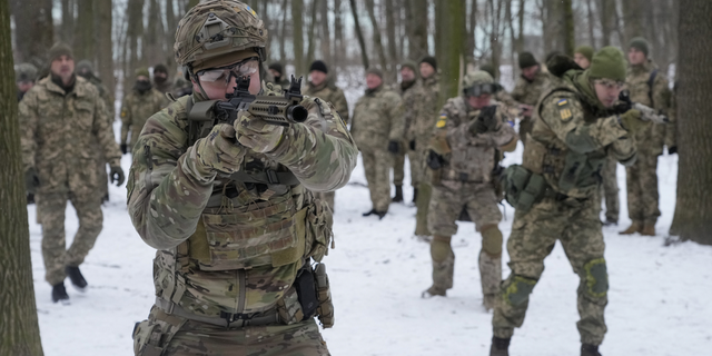 Members of Ukraine's Territorial Defense Forces, volunteer military units of the Armed Forces, train in a city park in Kyiv, Ukraine.