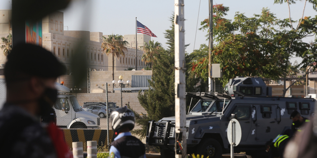 Jordanian police stand guard surrounding the U.S. Embassy on May 26, 2021 in Amman, Jordan.