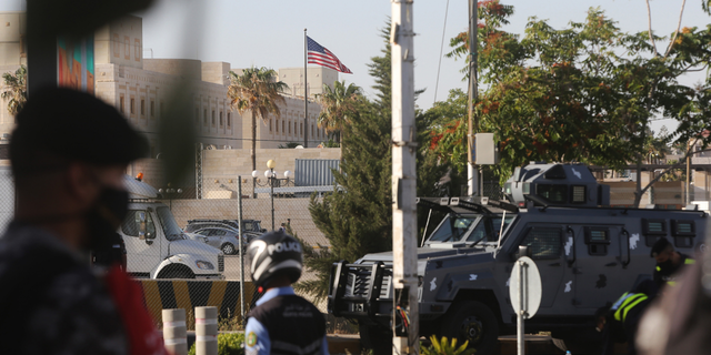 Jordanian police stand guard surrounding the U.S. Embassy on May 26, 2021 in Amman, Jordan.