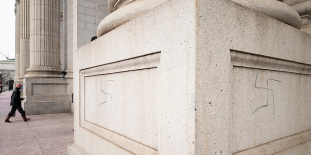 Dozens of swastikas and anti-Obama slogans were drawn on pillars around the exterior of Union Station in Washington on Friday, Jan. 28, 2022.