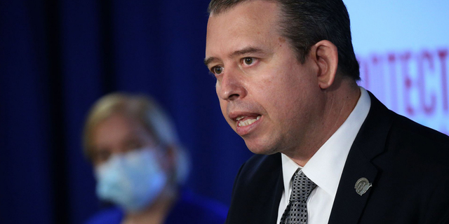 Chicago Public Schools CEO Pedro Martinez outlines COVID-19 response efforts during a press conference at City Hall last week. (Antonio Perez/Chicago Tribune/Tribune News Service via Getty Images)