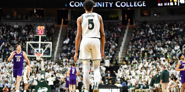 Michigan State Spartans guard Max Christie (5) walks down court during a college basketball game between the Michigan State Spartans and the Northwestern Wildcats on January 15, 2022 at the Breslin Student Events Center in East Lansing, MI..