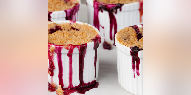 This vegan peach blueberry recipe from Serena Poon of SerenaLoves.com uses fruit, coconut sugar and nuts.