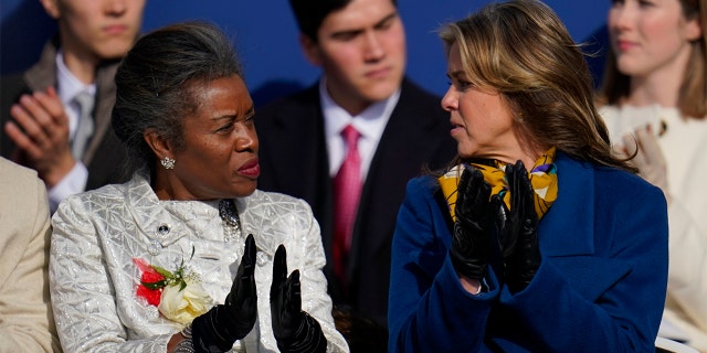 Virginia Lt. Gov. Winsome Sears, left, speaks with Virginia first lady Suzanne Youngkin during an inauguration ceremony, Saturday, Jan. 15, 2022, in Richmond, Va.