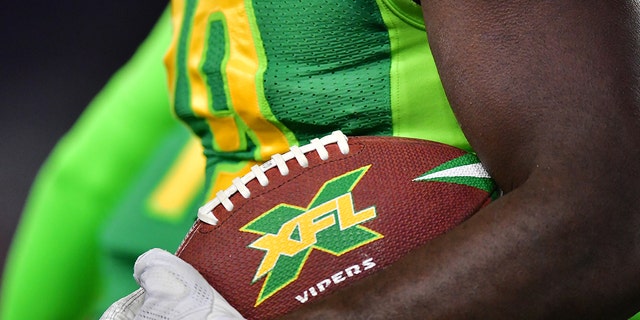 Jack Patrick #29 of the Tampa Bay Fibers holds the ball after scoring during the first quarter of an XFL game against the DC Defenders at Raymond James Stadium on March 1, 2020 in Tampa, Florida. 