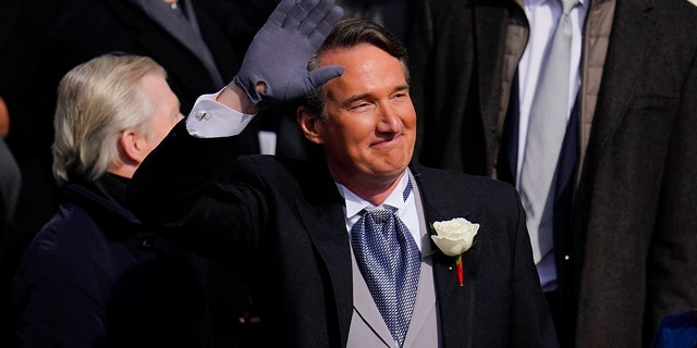 Gov. elect Glenn Youngkin waves to the crowd before his inauguration ceremony, Saturday, Jan. 15, 2022, in Richmond, Virginia.