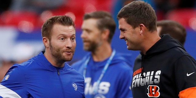 Los Angeles head coach Sean McVay and Cincinnati head coach Zac Taylor meet before the Rams-Bengals match at Wembley Stadium in London on Oct. 27, 2019.