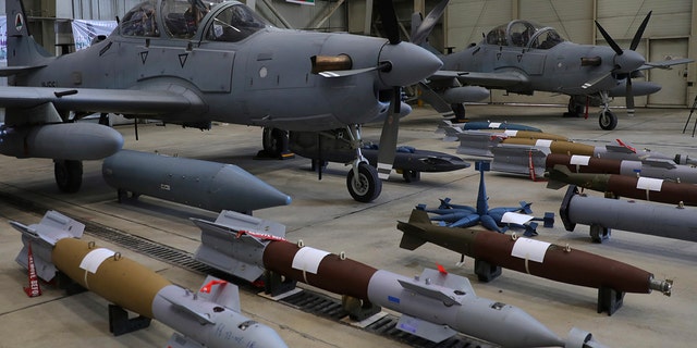 A-29 Super Tucano planes and munitions are on display during a handover from the NATO-led Resolute Support mission to the Afghan army at the military airport in Kabul, Afghanistan, Sept. 17, 2020.