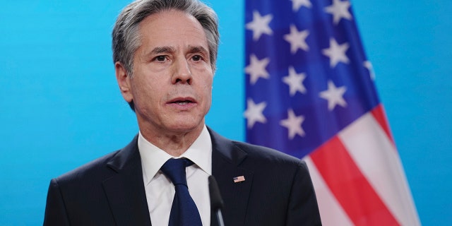 Secretary of State Antony Blinken speaks to the media after talks with the foreign ministers of Great Britain, Germany and France at the Federal Foreign Office in Berlin, Germany, Thursday, Jan.20, 2022.