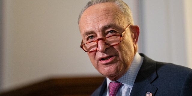 Senate Majority Leader Chuck Schumer speaks to members of the media in Washington on Jan. 13, 2022.