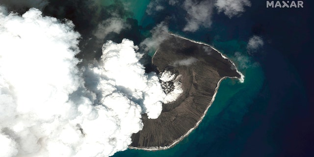 This satellite image provided by Maxar Technologies shows an overview of Hunga Tonga Hunga Ha’apai volcano in Tonga on Dec. 24, 2021.