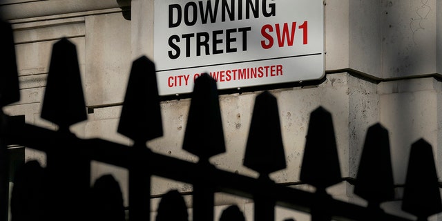 The street sign at Downing Street in London, Jan. 17, 2022.