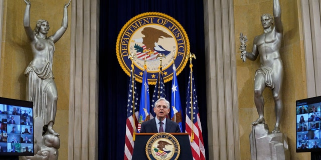 Attorney General Merrick Garland speaks at the Department of Justice in Washington, D.C., Jan. 5, 2022, in advance of the one-year anniversary of the attack on the US Capitol.