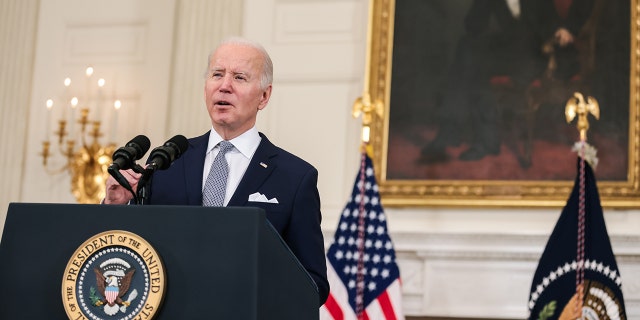 Biden Will Deliver First State Of The Union Address On March 1 2 President Biden speaks on the December 2021 jobs report in the State Dining Room of the White House in Washington, D.C., on Friday, Jan. 7, 2022.