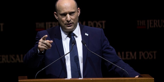 Israeli Prime Minister Naftali Bennett speaks at the Jerusalem Post's annual conference Oct. 12, 2021, in Jerusalem, Israel. 