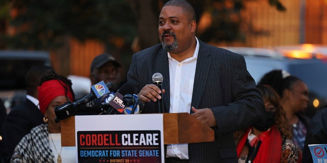 District attorney candidate Alvin Bragg speaks during a Get Out the Vote rally at A. Philip Randolph Square in Harlem on November 01, 2021 in New York City. 