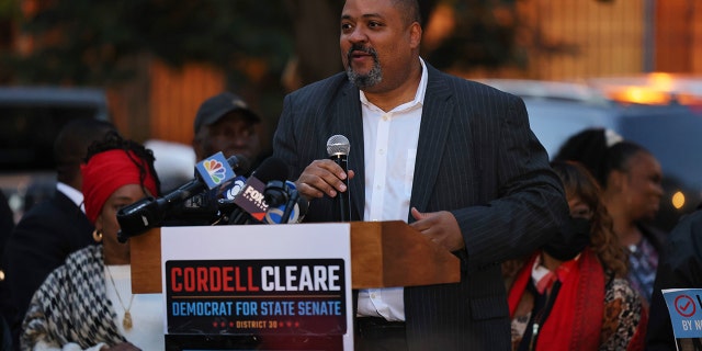 District attorney candidate Alvin Bragg speaks during a Get Out the Vote rally at A. Philip Randolph Square in Harlem on November 01, 2021 in New York City. 