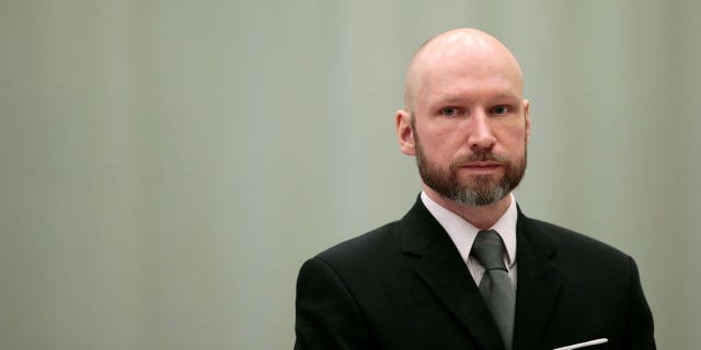Convicted mass murderer Anders Behring Breivik looks on during the last day of his appeal case in Borgarting Court of Appeal at Telemark prison in Skien, Norway on Jan. 18, 2017. 