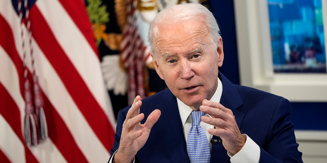 President Joe Biden speaks during a meeting with his administration's Supply Chain Disruptions Task Force and private sector CEOs in the South Court Auditorium of the White House Dec. 22, 2021.