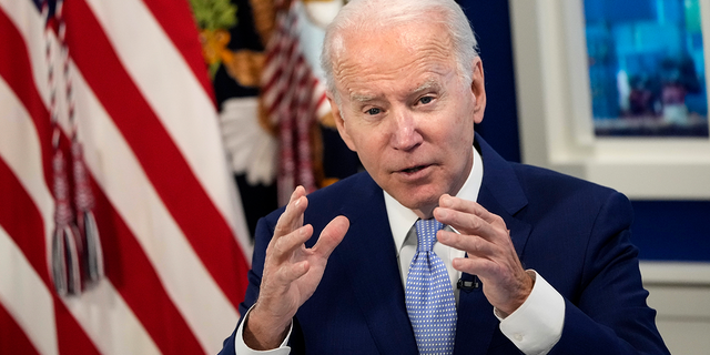 President Biden speaks during a meeting with his administration's Supply Chain Disruptions Task Force and private sector CEOs in the South Court Auditorium of the White House Dec. 22, 2021 in Washington, D.C. 