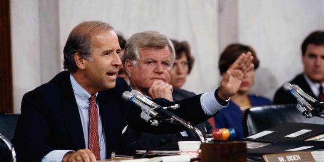 Senators Joseph Biden and Edward Kennedy during the Clarence Thomas Confirmation Hearings (Photo by © Wally McNamee/CORBIS/Corbis via Getty Images)