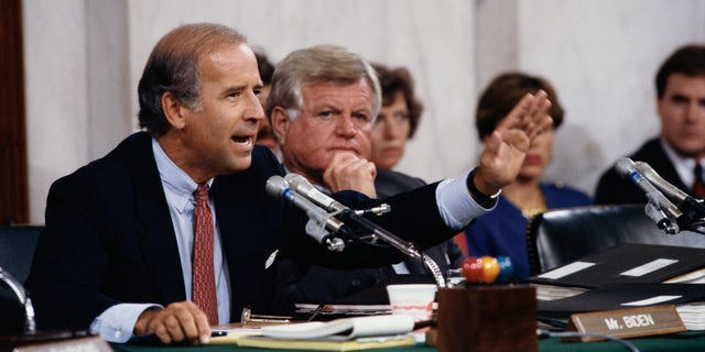 Senators Joseph Biden and Edward Kennedy during the Clarence Thomas Confirmation Hearings (Photo by © Wally McNamee/CORBIS/Corbis via Getty Images)