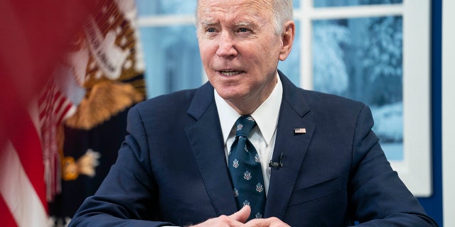 President Joe Biden speaks during a virtual meeting about reducing the costs of meat through increased competition in the meat processing industry in the South Court Auditorium at the Eisenhower Executive Office Building on January 3, 2022 in Washington, DC. (Photo by Sarah Silbiger/Getty Images)