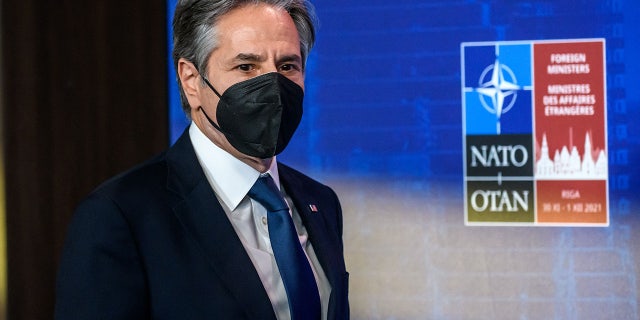 US Secretary of State Antony Blinken attends the NATO foreign ministers' meeting in Riga, Latvia on November 30, 2021. (Photo by GINTS IVUSKANS/AFP via Getty Images)