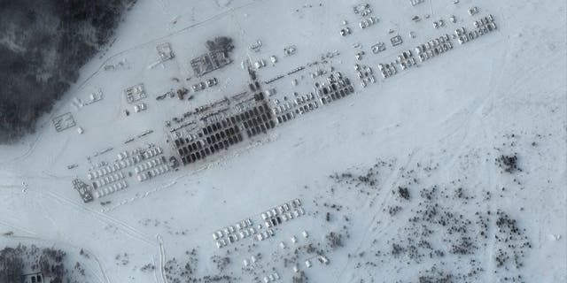 A satellite image shows tents and housing for Russian troops in Yelnya, Russia, Jan. 19, 2022. 