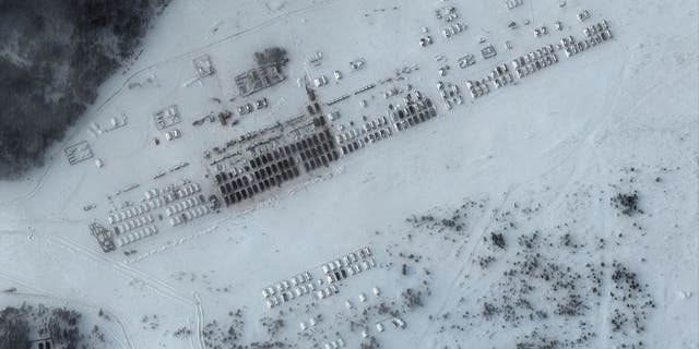 A satellite image shows tents and housing for Russian troops in Yelnya, Russia, Jan. 19, 2022.