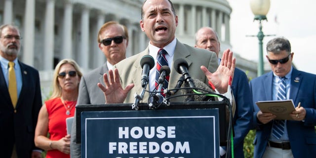 Rep. Bob Good, R-Va., speaks during a House Freedom Caucus (HFC) news conference on Monday, Aug. 23, 2021. Members of the HFC are opposing Kevin McCarthy for House speaker. Appearing from left are, Reps. Andy Harris, R-Md., Marjorie Taylor Greene, R-Ga., Randy Weber, R-Texas, Dan Bishop, R-N.C., and Andrew Clyde, R-Ga. 