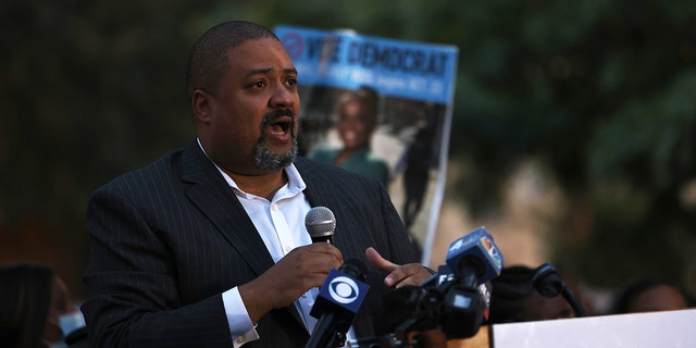 District attorney candidate Alvin Bragg speaks during a Get Out the Vote rally at A. Philip Randolph Square in Harlem on November 01, 2021.