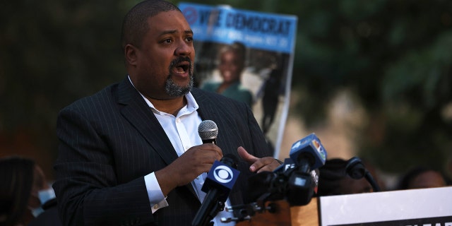 District attorney candidate Alvin Bragg speaks during a Get Out the Vote rally at A. Philip Randolph Square in Harlem on November 01, 2021.