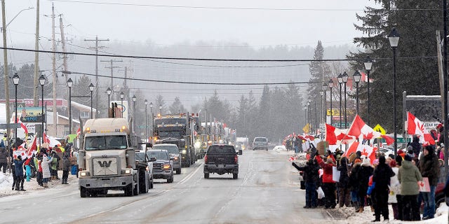 Protesters and supporters for a COVID-19 vaccine mandate for cross-border truckers cheer as a parade of trucks and vehicles pass through Kakabeka Falls outside of Thunder Bay, Ontario, on Wednesday, Jan. 26, 2022.