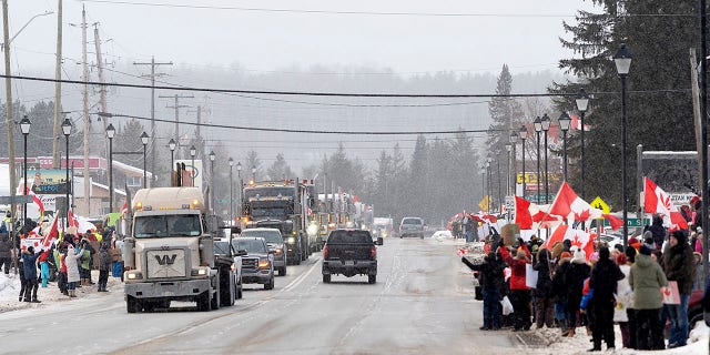 Protesters and supporters for a COVID-19 vaccine mandate for cross-border truckers cheer as a parade of trucks and vehicles pass through Kakabeka Falls outside of Thunder Bay, Ontario, on Wednesday, Jan. 26, 2022. 