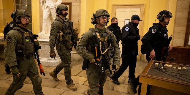 FBI and ATF law enforcement push out supporters of President Trump as they protested inside the U.S. Capitol on Jan. 6, 2021, in Washington, DC.