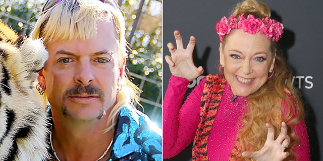 Former big cat zoo owner Joe Exotic and his nemesis big cat rescuer Carole Baskin. He is in prison for hiring a hit man to kill her. 