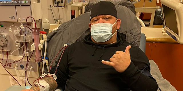 Veteran Chad Carswell is shown receiving dialysis, which he takes three times a week. He spoke to Fox News Digital on Feb. 3, 2022, and said, "I'm blessed." He's going to keep fighting for his health and for upholding the freedom of choice in his life and for everyone, he said.
