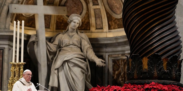 Pope Francis delivers his message as he celebrates an Epiphany mass in St. Peter's Basilica, at the Vatican, Thursday, Jan. 6, 2022. 