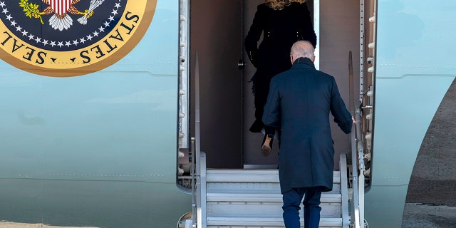 President Joe Biden and first lady Jill Biden board Air Force One at Andrews Air Force Base, Md., Friday, Jan. 7, 2022. The Bidens are traveling to Boulder, Colo., to meet with families who were impacted by the recent wildfire.