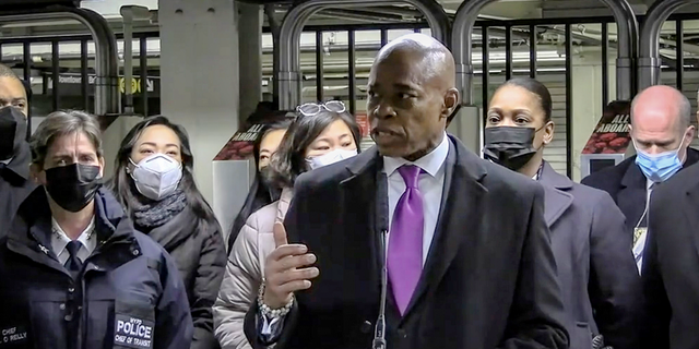 Mayor Eric Adams in a livestream frame grab from video provided by NYPD News.