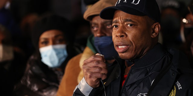 Mayor Eric Adams speaks as hundreds of police officers and FDNY officers are gathered at 32nd Precinct for vigil over two officers shot in Harlem of New York City. (Photo by Tayfun Coskun/Anadolu Agency via Getty Images)